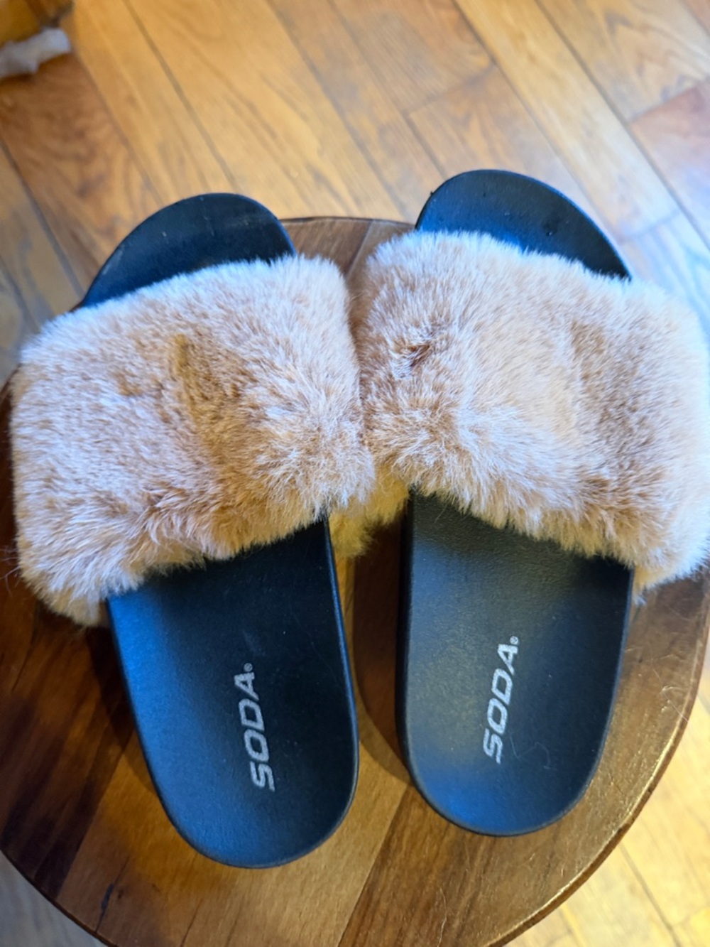 Soda Plush Tan Fur Slide Sandals with Black Footbed